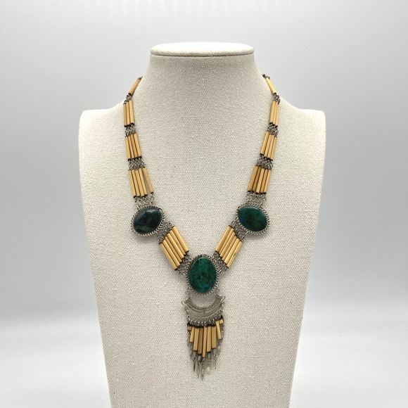 Vintage Statement Necklace Green Stone Silver Tone Bamboo Tribal Boho Bohemian - Picture 1 of 8